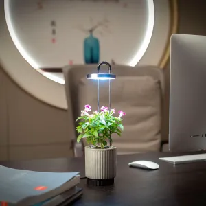 Click & Grow hydroVase, selbstbewässernde Vase mit LED-Pflanzenlicht, abgebildet mit einer blühenden Pflanze