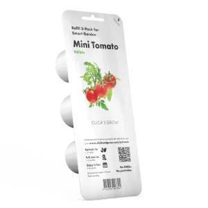Click & Grow Mini Tomato påfyllning i 3-pack, förpackning med tomatillustration och tre plantkapslar