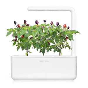 Click & Grow inomhusträdgård med chiliplantor, lila blommor och röda chilifrukter i en vit planteringslåda