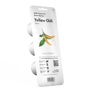 Envase del pack de recambio de 3 unidades Click & Grow Yellow Chili para cultivo interior en Smart Garden, con ilustración de un chile.
