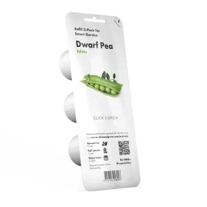 Envase del paquete de 3 recambios Click & Grow Dwarf Pea para huerto inteligente, con vainas de guisantes en la parte frontal.