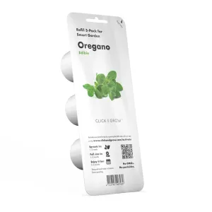 Recharge d’origan Click & Grow en lot de 3 pour Smart Garden, avec trois capsules d’herbes aromatiques d’intérieur sur l’emballage.