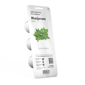Pack de recambio de 3 unidades de Click & Grow Marjoram Smart Garden con cápsulas de hierbas comestibles y hojas de mejorana en el envase