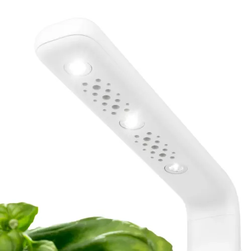 Click and Grow Ersatzlampe für Smart Garden 3, weiß und länglich, mit drei eingelassenen LED-Leuchten und Loch, gebogener Arm über den Pflanzenblättern.