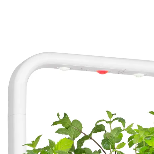Reservodlingslampa för Smart Garden 9, vit rundad ram med inbyggda LED-punkter (vit, röd, vit) över gröna växter i bild.