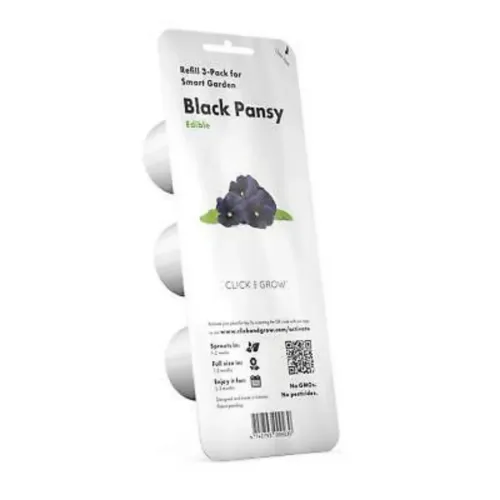 Click &amp; Grow Smart Garden Refill 3-pakning i hvit blisterpakning med tre kapsler på siden, opphengshull, Black Pansy-tekst, QR-kode.
