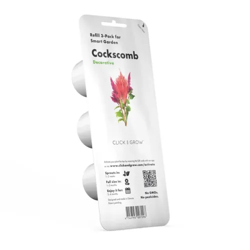 Verpackung für Click & Grow Smart Garden Refill 3-pack Cockscomb, Blisterkarte in Schrägansicht mit drei sichtbaren weißen Kapseln.