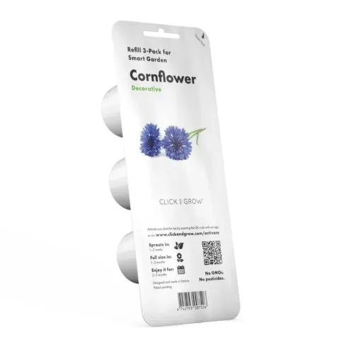 Smart Garden-påfyllning 3-pack, med tre kapslar vänster i vit blister med texten Cornflower, blomfoto, QR-kod och streckkod