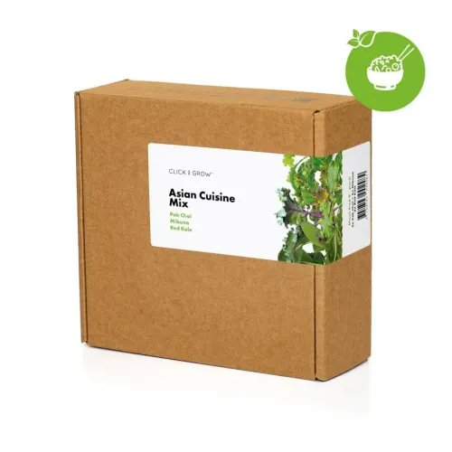 Click & Grow Asian Cuisine Mix in brauner Kartonverpackung mit weißem Etikett, grüner Pflanzengrafik, Barcode und grünem Symbol mit Schale.