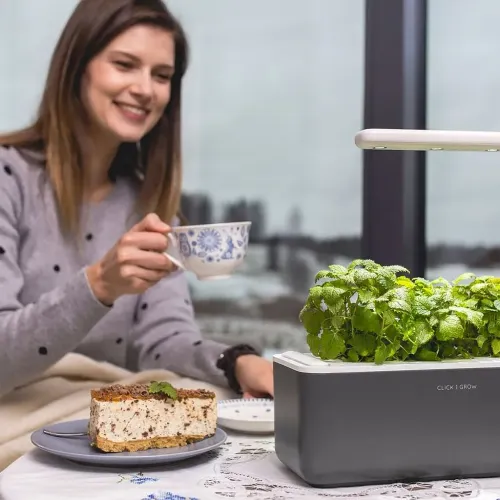 Dunkelgraues Click & Grow Smart Garden 3 mit weißem Rahmen und verstellbarem LED-Arm über grünen Pflanzen auf einem Tisch; Logo vorne innen.
