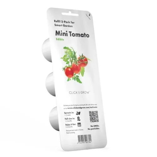 3er-Nachfüllpackung für Smart Garden, Mini Tomato; weißer Blister mit drei runden Kapseln, Aufhängeöffnung und Tomatenabbildung, QR-Code.