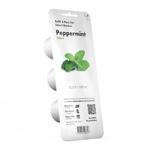 Pepparmyntsrefill 3-pack för Click & Grow i vit blisterförpackning med tre kapslar i sidprofil, myntabild, QR-kod, streckkod.