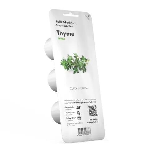 Click &amp; Grow Smart Garden Refill 3-pk timian i hvit blisterpakning med tre kapsler, plantebilde, QR-kode og strekkode.