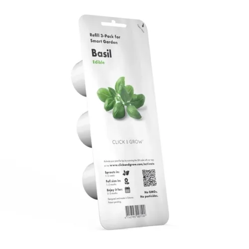 Click & Grow Smart Garden Nachfüllpack (3er-Pack) Basilikum in weißer Blisterverpackung mit drei sichtbaren Kapseln, QR-Code und Barcode.