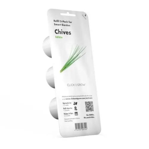 Smart Garden Refill 3-pack chives in white blister pack with three capsules, Chives print, QR code, barcode and hanging opening.