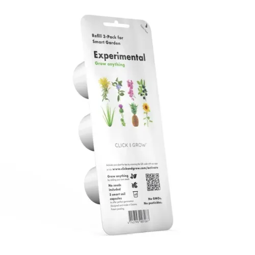 Click &amp; Grow Smart Garden Refill 3-pack i hvid blisterpakning med tre kapsler, eksperimentel tekst, planteikoner, QR-kode og stregkode.