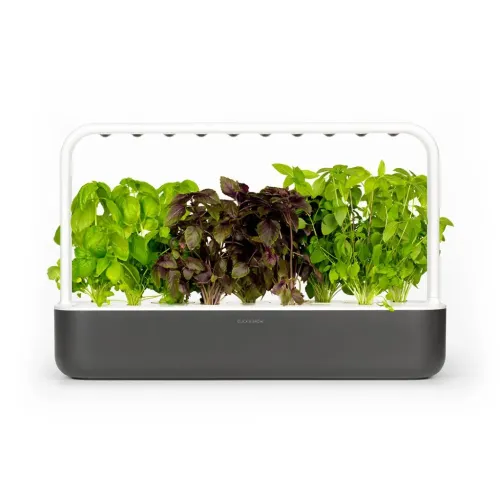 Click and Grow Smart Garden 9 i mörkgrått med vit rektangulär ljusram, gröna växter, sedd framifrån mot vit bakgrund.