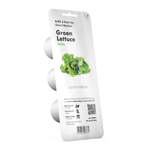 Click &amp; Grow 3-pack valkoisessa läpipainopakkauksessa, jossa on kolme pyöreää kapselia vasemmalla, salaatin kuva, Green Lettuce -teksti ja QR-koodi.