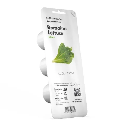 Click and Grow Smart Garden Refill 3-pack romansallad i vit blisterförpackning med tre kapslar, hänghål, QR-kod, streckkod.