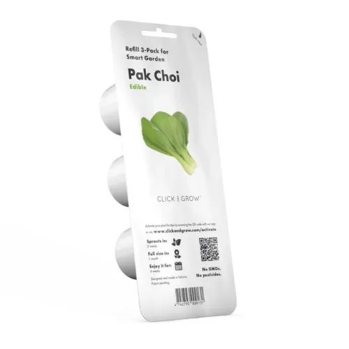 Pak Choi refill 3-pack for Smart Garden, blister with three white capsules, white cardboard with leaf image, QR code and hanging hole on top