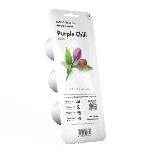 Refill 3-pak til Smart Garden Purple Chili i hvid blisterpakning med tre kapsler, der er synlige fra siden, og chiliillustration