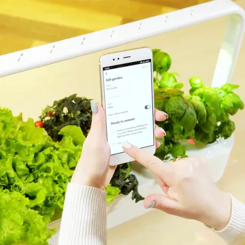 Smart Garden 9 Pro vit inomhusträdgård med integrerad ljusbåge, frodiga örter och sallad samt appstyrning via smartphone.