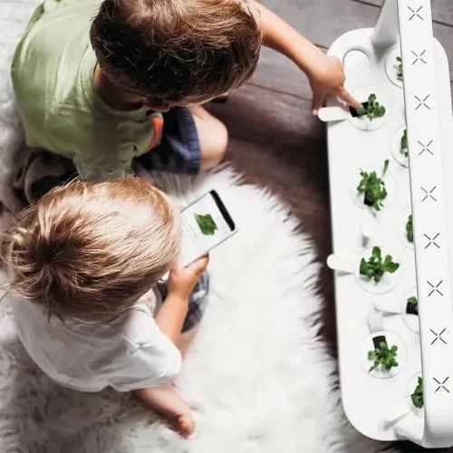 Smart Garden 9 Pro, vit inomhusträdgård med nio runda växtplatser och vertikal ljusarm, intill en smartphone på vit ryamatta.