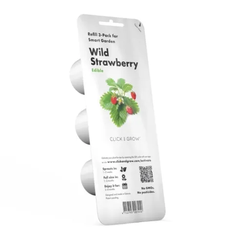 Click & Grow Wild Strawberry refill 3-pack for Smart Garden, showing edible plant pods in retail packaging