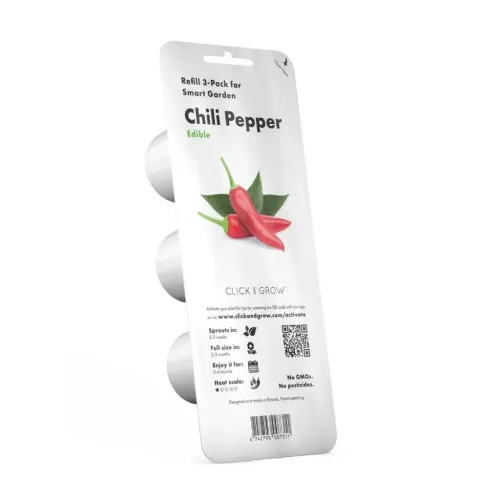 Click & Grow Chili Pepper Smart Garden-påfyllning, 3-pack med plantkapslar, visat på en vit detaljhandelsförpackning.