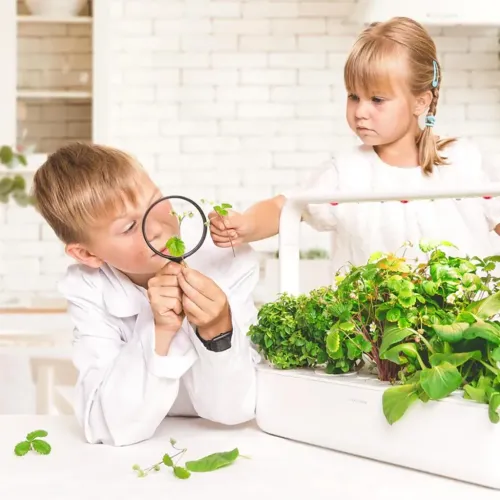 Click & Grow Smart Garden 9 Pro hvid indendørs plantekasse med krydderurter, vist med børn, der bruger et forstørrelsesglas