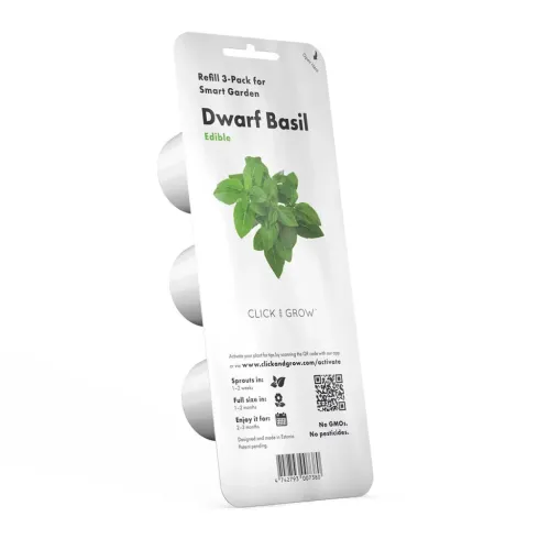 Smart Garden Refill 3-pk - Dvergbasilikum, hvit blisterpakning i vinkel med tre kapsler, basilikumillustrasjon og QR-kode.