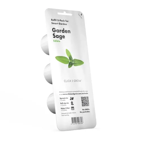 Sage Nachfüllpackung, 3er-Pack, in einer weißen Blisterverpackung mit drei Kapseln in Seitenansicht sowie dem Text „Garden Sage“, einem Blattmotiv, einem QR-Code und einem Barcode.