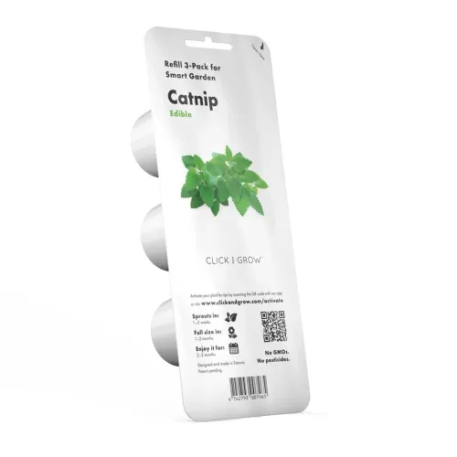 Påfyllning 3‑pack kattmynta för Smart Garden i vit blisterförpackning, tre kapslar syns från sidan samt QR‑kod och streckkod