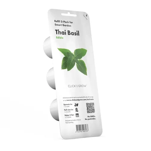 Click & Grow Thai Basil Nachfüllpackung im 3er-Pack in weißer Blisterverpackung, seitlich mit drei Kapseln sowie Blattmotiv, QR-Code und Barcode.
