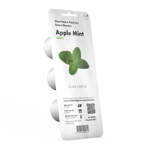 Hvit Click &amp; Grow-blisterpakning med Apple Mint-tekst, mintbilde, tre kapsler i profil, QR-kode og strekkode