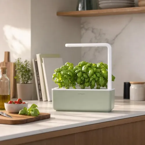 Click & Grow Smart Garden 3, jardin d’intérieur pour herbes aromatiques avec du basilic feuillu qui pousse dans une jardinière posée sur le plan de travail de la cuisine